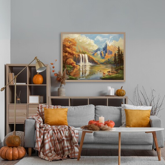 Autumn Mountain Lake Waterfall Deer Vintage Landscape Poster