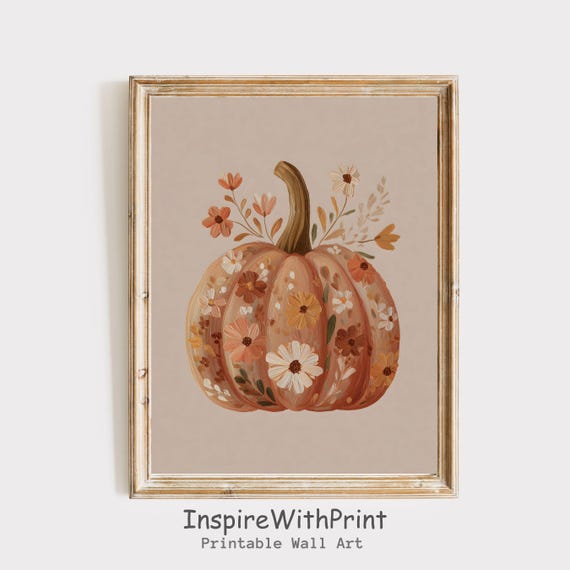 Floral Pumpkin Painting Retro Wall Art Girly Spooky Print Modern Trendy Fall Poster Moody Autumn Farmhouse