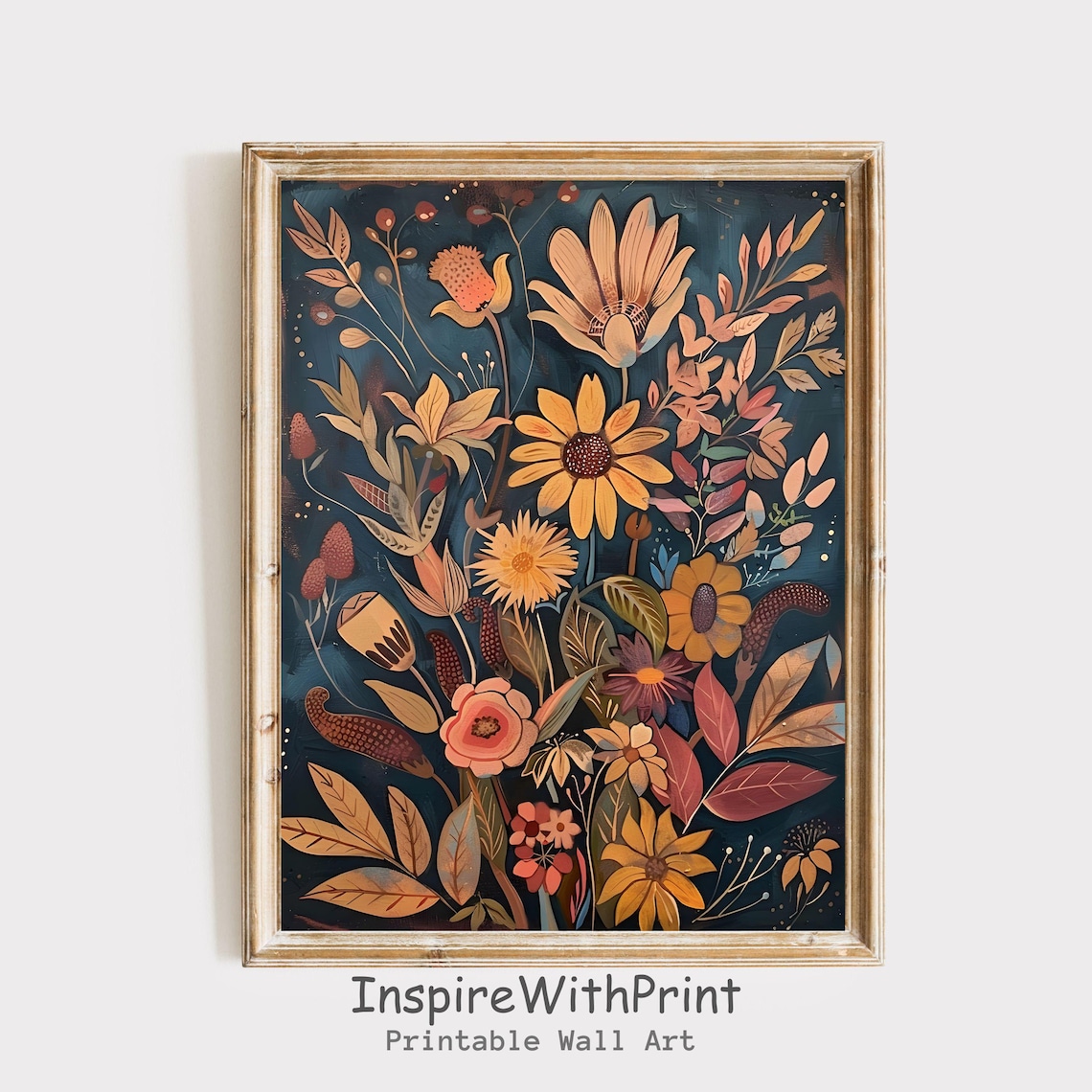 Sunflower Midcentury Wildflower Bouquet on Dark Teal Garden Poster