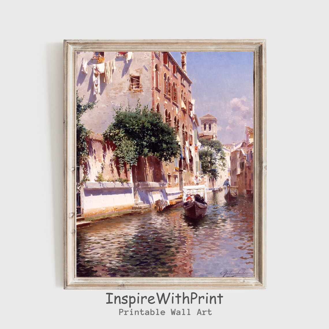 Vintage Venice Canal Gondolas Sunlit Waterway Italy Painting Print