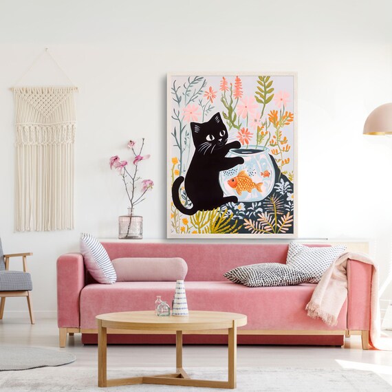 Adorable Black Cat Hugging A Goldfish Bowl In Floral Wall Art