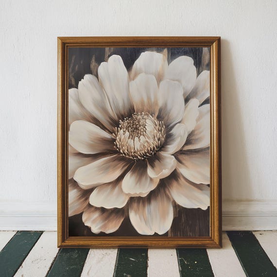 Vintage Dark Flower Print Moody Neutral Wall Art Large Rustic Floral Antique White