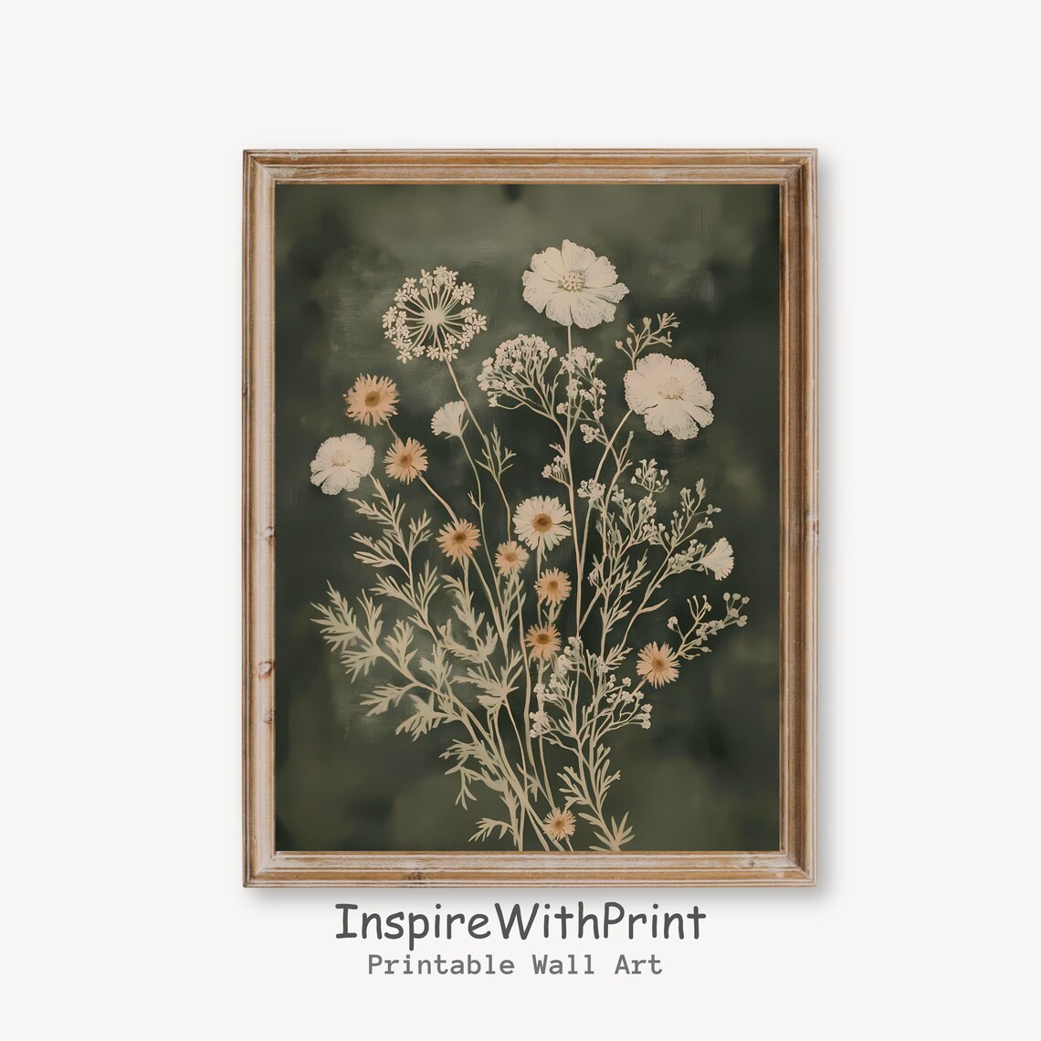 Elegant Cream Wildflowers on Moody Dark Green Botanical Art Poster