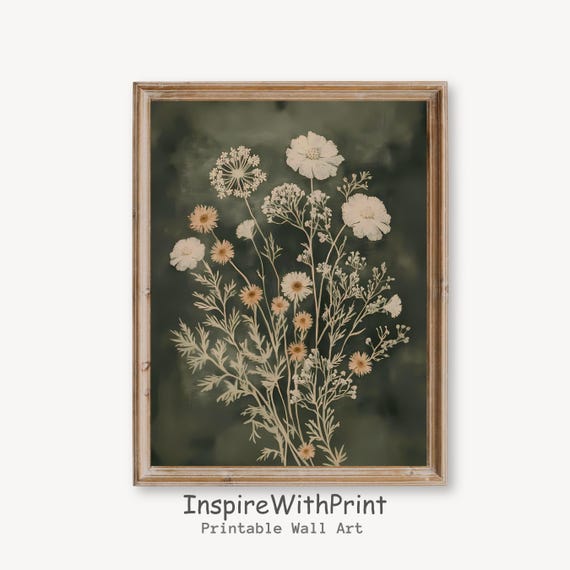 Boho Floral Emerald Green Wall Art Moody Wildflowers Print Vintage Style Flower Neutral Botanical Decor