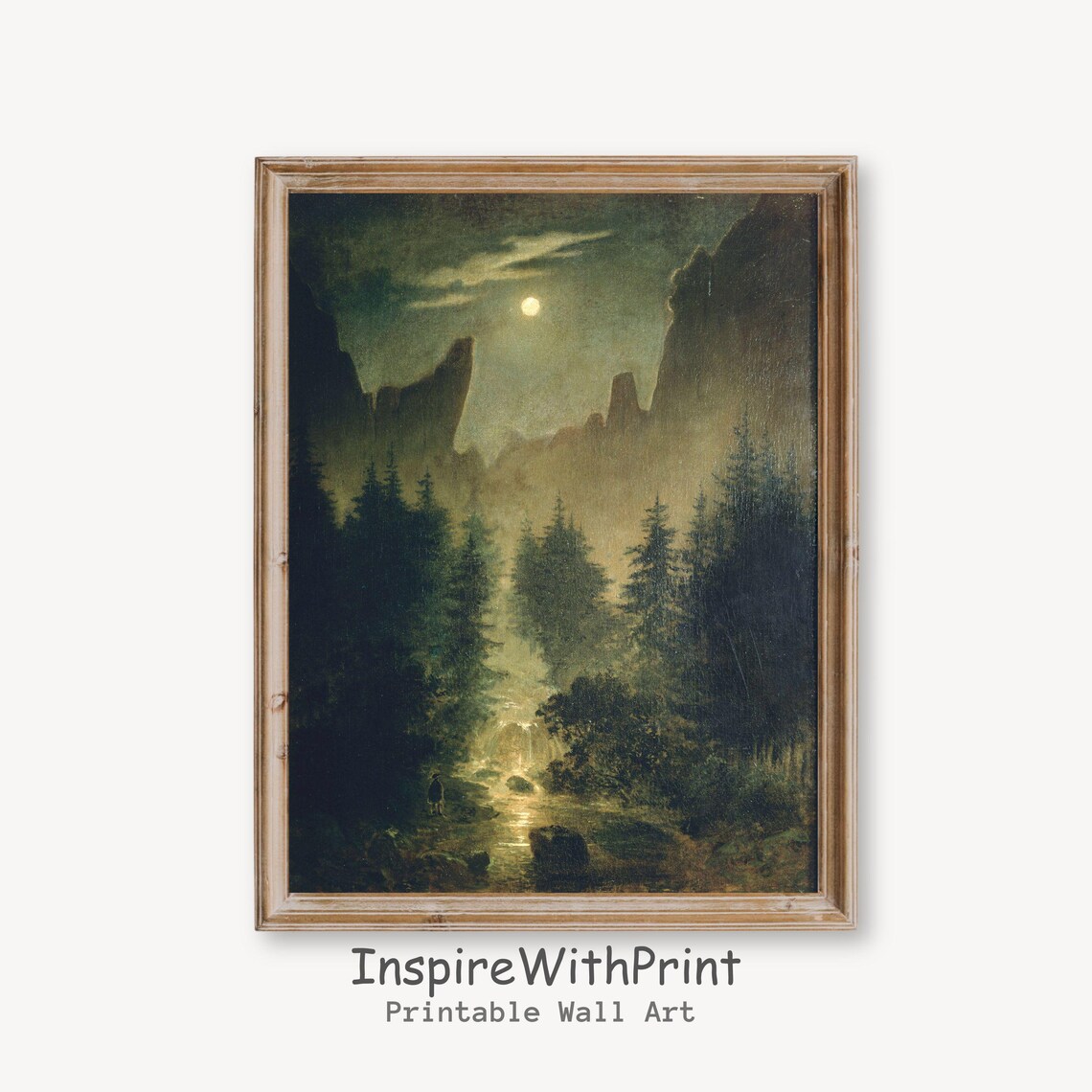 Vintage Moonlit Pine Forest Night Landscape Oil Painting Poster