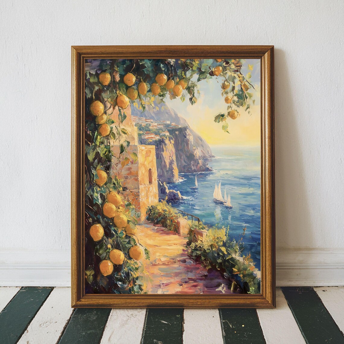 Amalfi Cliffside Town Sunset Lemon Trees Sailboats Coastal Poster
