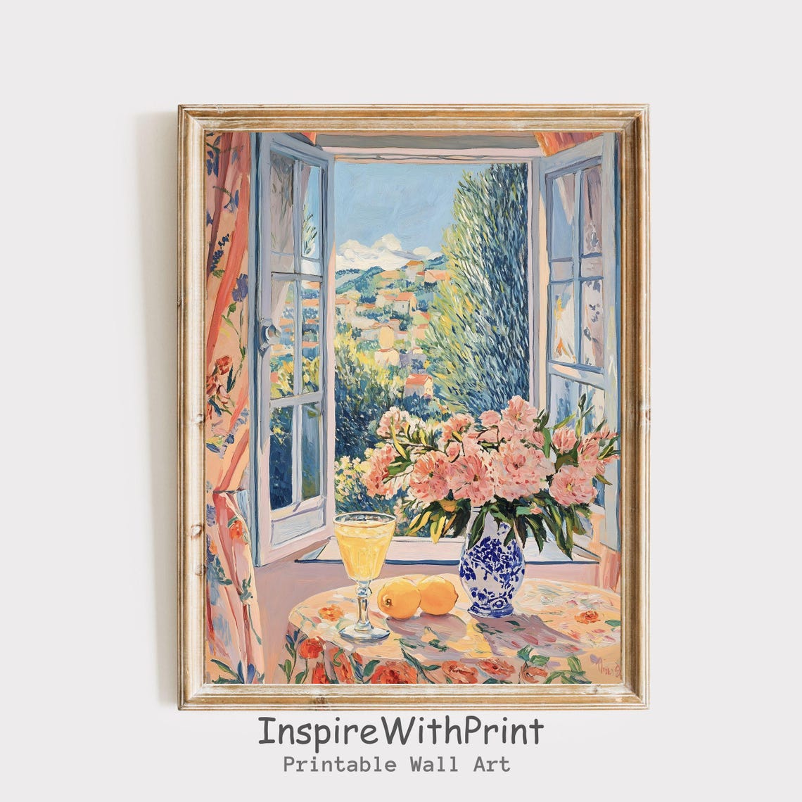 Sunny Matisse-Style Open Window with Peonies in Delft Vase Art Print