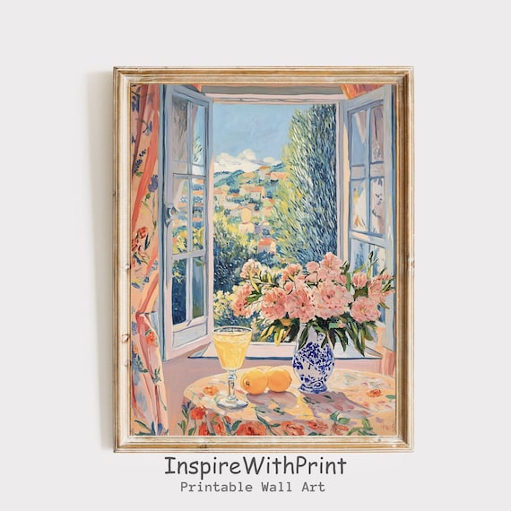 Sunny Matisse-Style Open Window with Peonies in Delft Vase Art Print