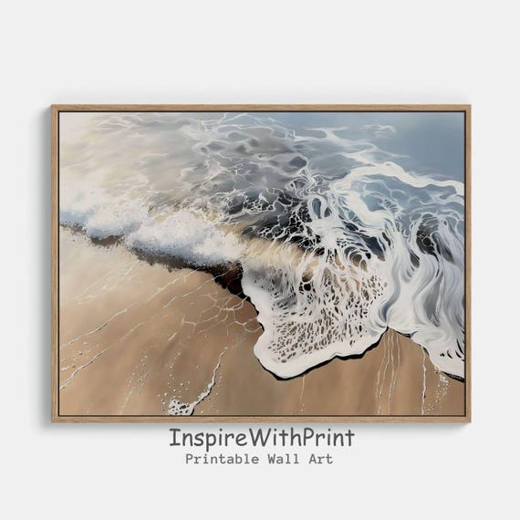 Rustic Coastal Landscape Wall Art Boho Beach Print Moody Ocean Wave Neutral Seascape Decor Waves Painting