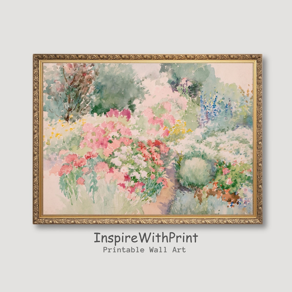 French Country Flower Garden Watercolor Pastel Romantic Art Print