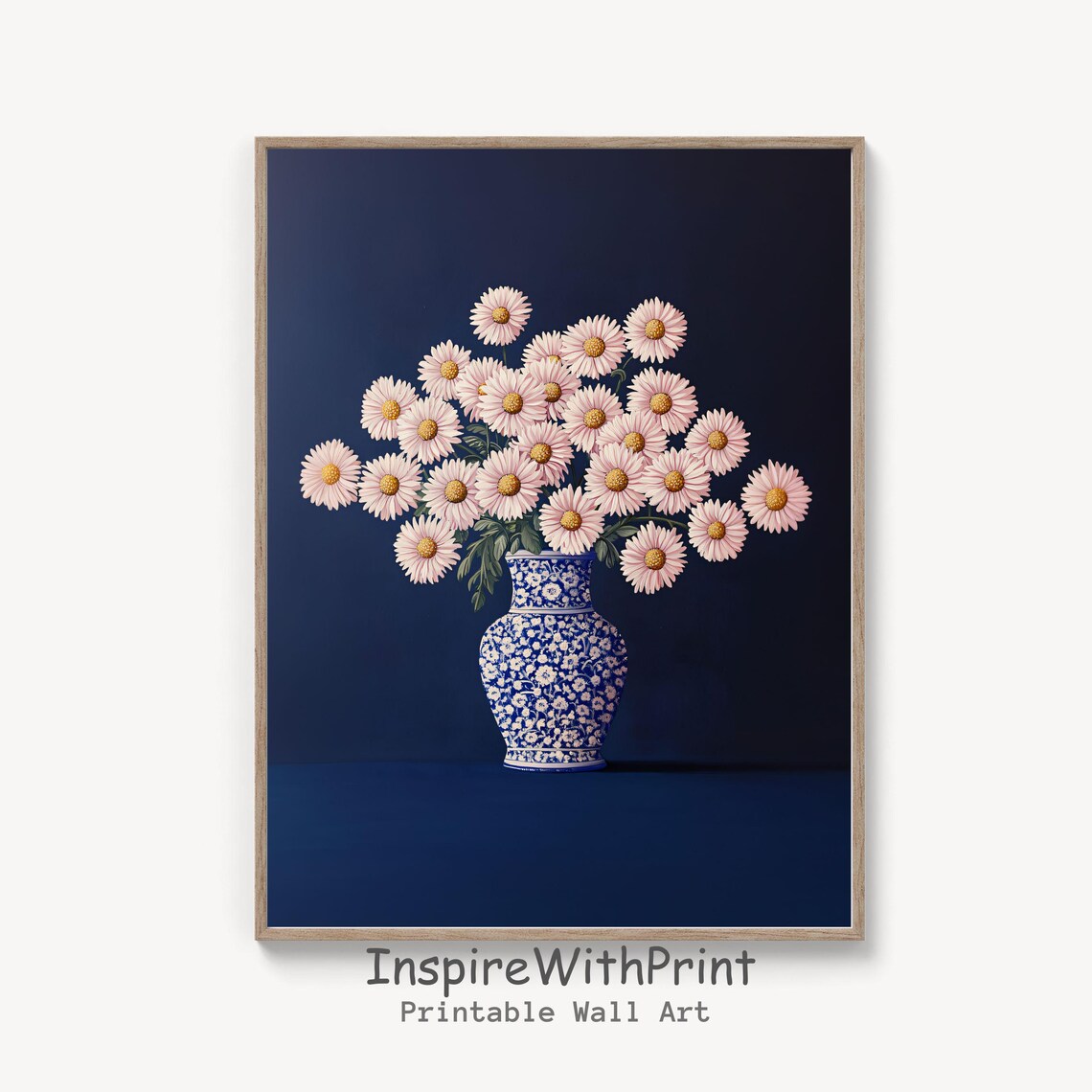 Blush Daisies in Blue and White Chinoiserie Vase Moody Floral Poster