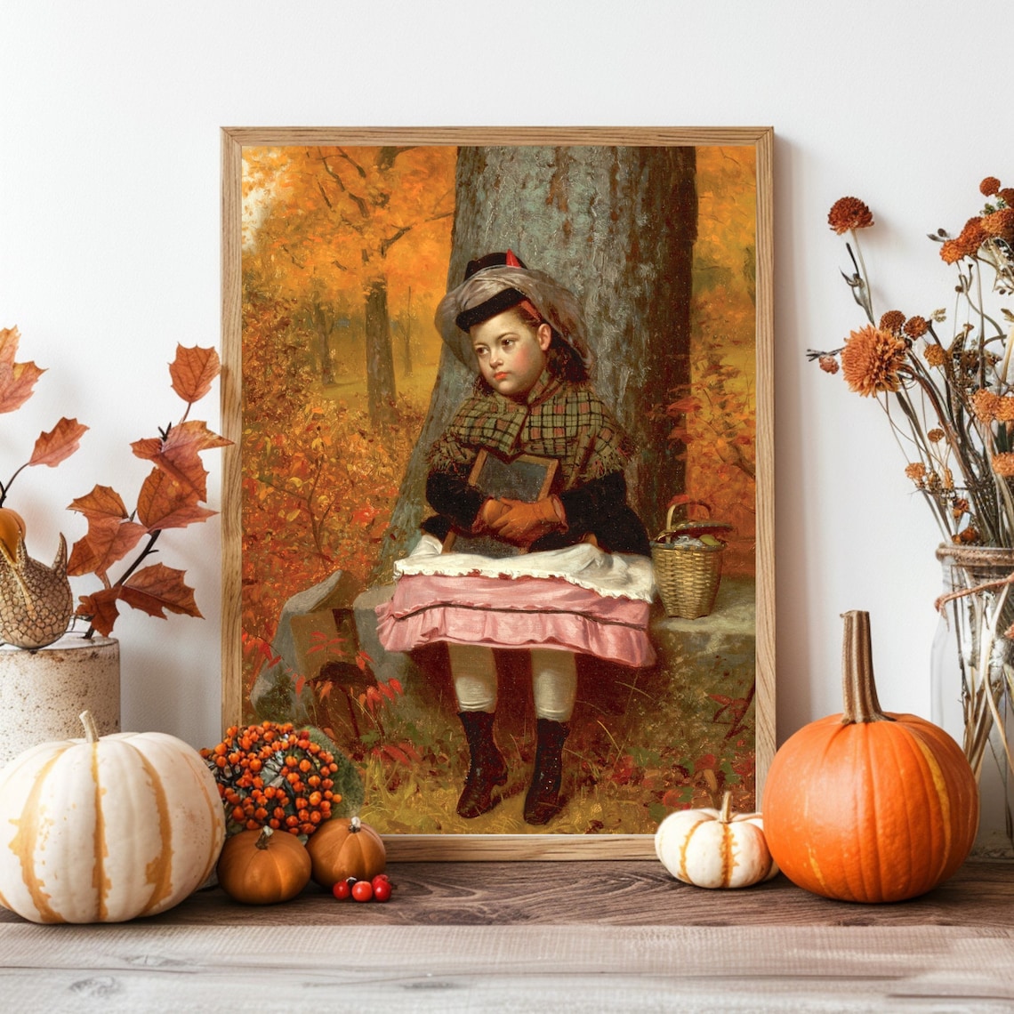 Vintage Autumn Garden Girl Portrait Classic Fall Painting Poster