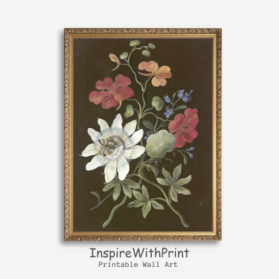 Vintage Botanical Flower Wall Art Moody Print Spring Decor Antique Floral Artful Dark