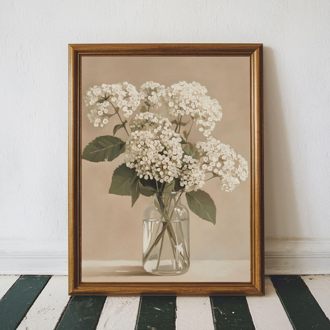 White Hydrangea Blossom Glass Vase Moody Neutral Vintage Art Poster
