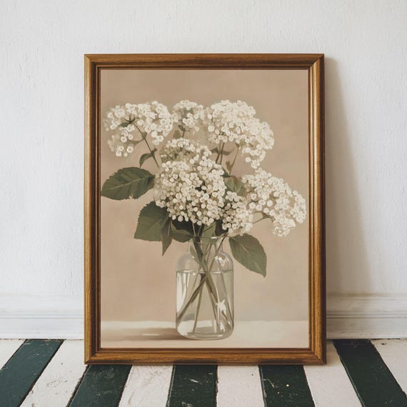 Vintage White Hydrangea Print Moody Flower Painting Cottage Core Farmhouse Art Neutral Wall Soft Beige