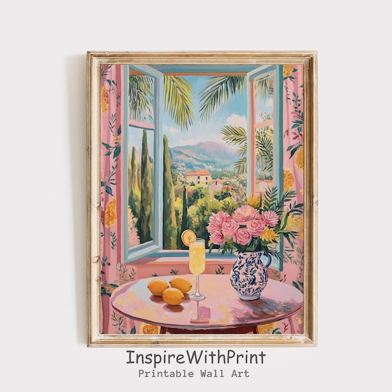 Matisse Style Open Window Still Life Poster with Lemons and Cocktail