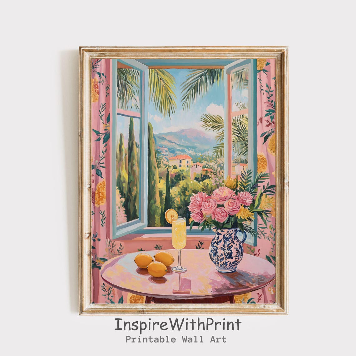 Matisse Style Open Window Still Life Poster with Lemons and Cocktail
