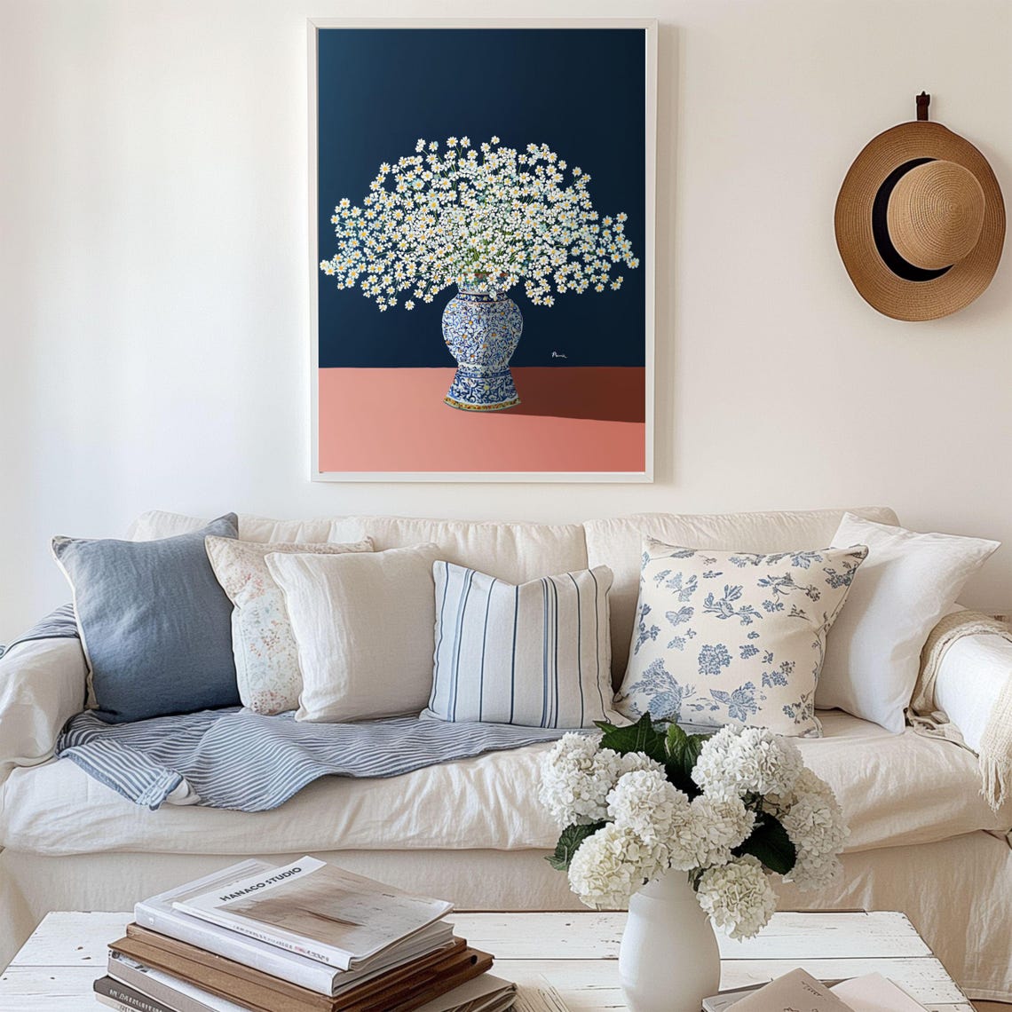 White Chamomile Bouquet Chinoiserie Vase Still Life Wall Art
