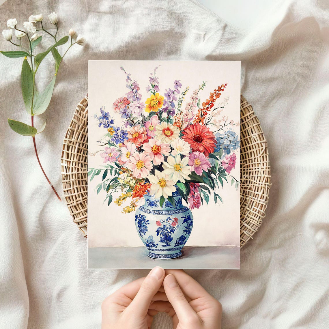 Colorful Flower Bouquet in Blue White Chinoiserie Vase Art Print