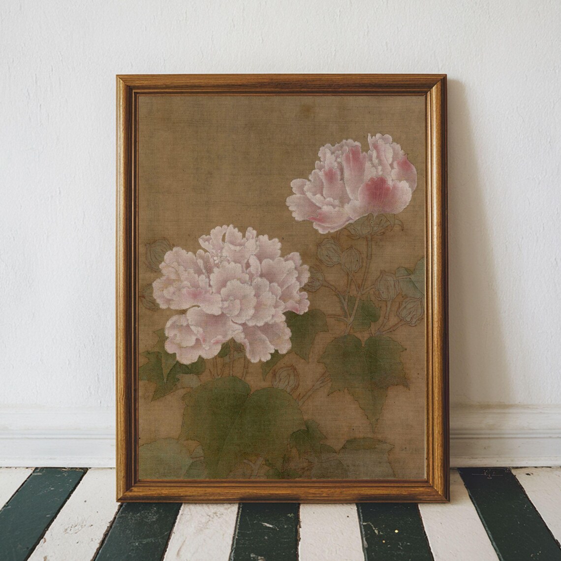 Vintage Pink Peonies Moody Floral Oil Painting Antique Art Print