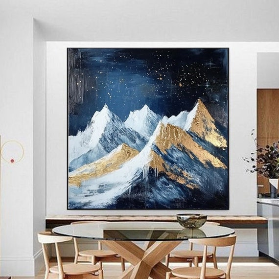 Hand Painted Abstract Oil Painting Night Sky With Starry Snowy Mountains And Golden Peaks Textured Layered Art For Living Room Entryway