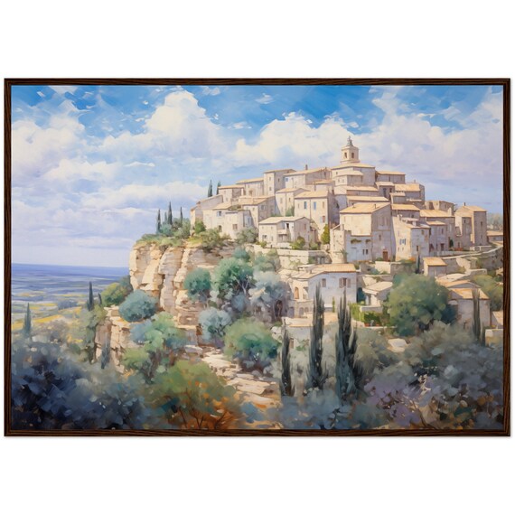 Provence France Hilltop Village Cypress Trees Vintage Oil Painting Poster
