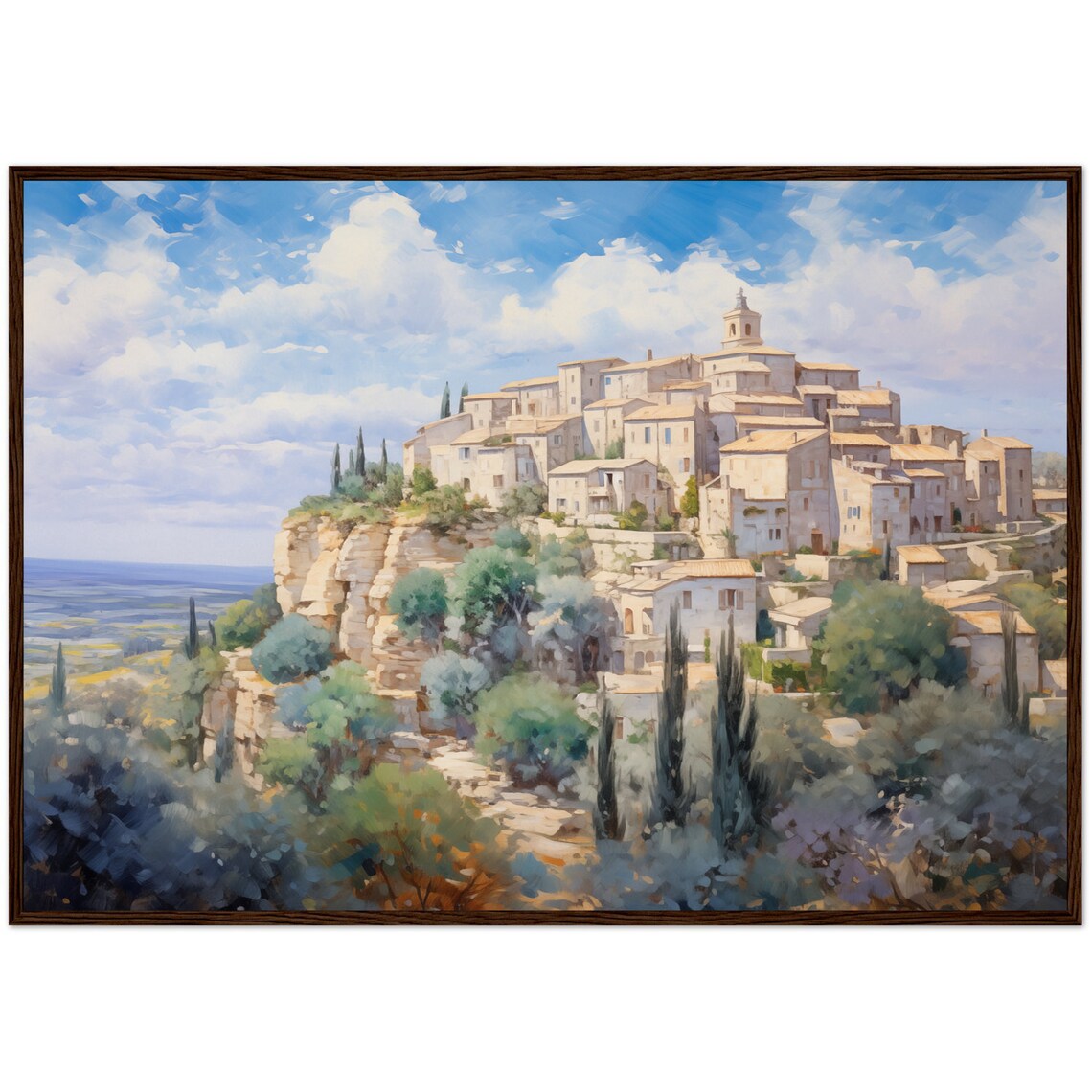 Provence France Hilltop Village Cypress Trees Vintage Oil Painting Poster