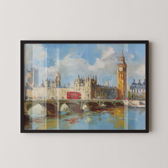 Big Ben London Oil Painting Art Print Westminster Bridge Thames River Wall Red Double Decker Bus Framed Poster Skyline