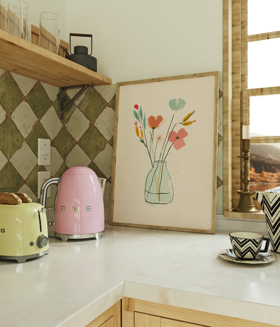 Abstract Floral Bouquet in Vase Colorful Modern Kitchen Art Poster
