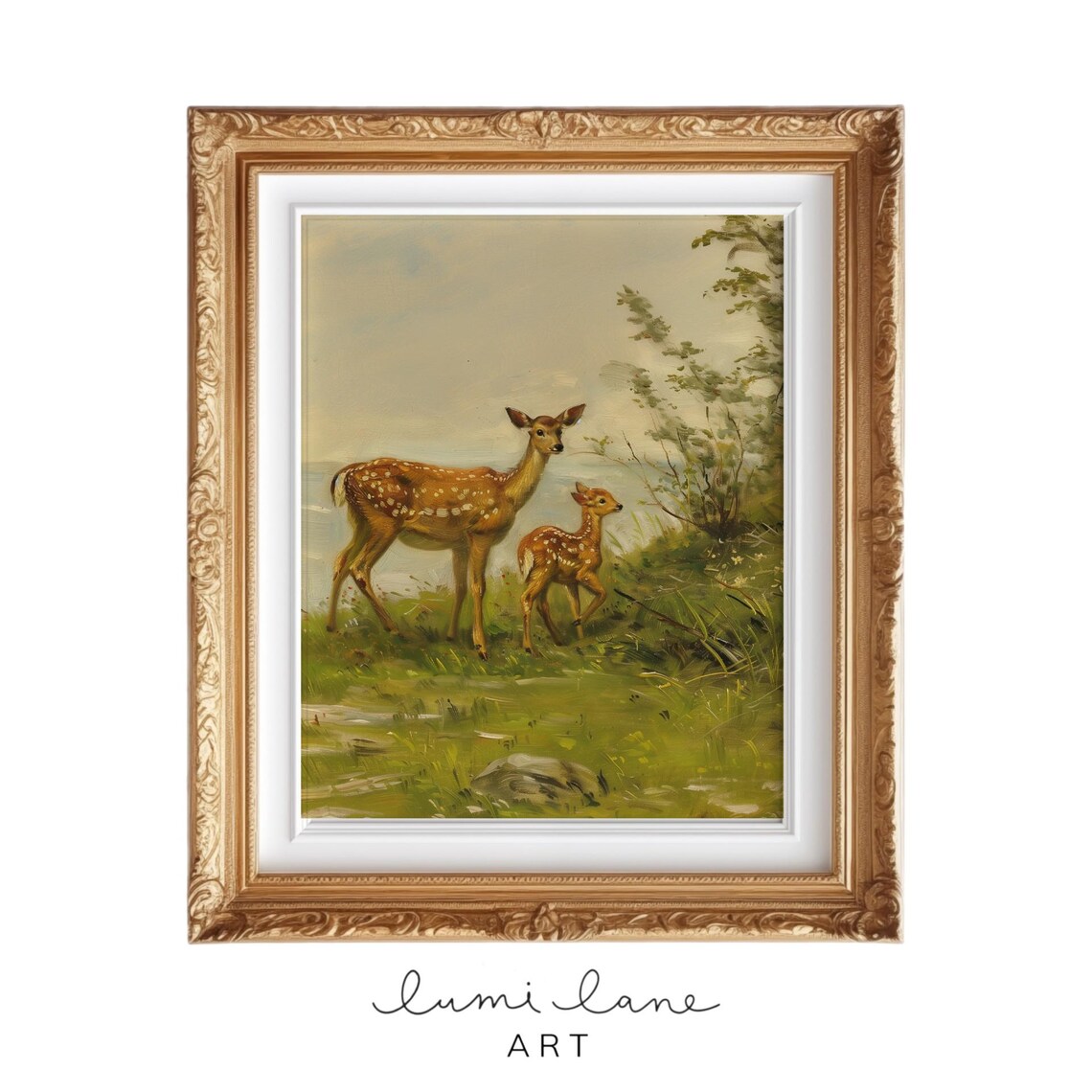 Deer Mother And Fawn Vintage Style Wildlife Meadow Oil Painting Print