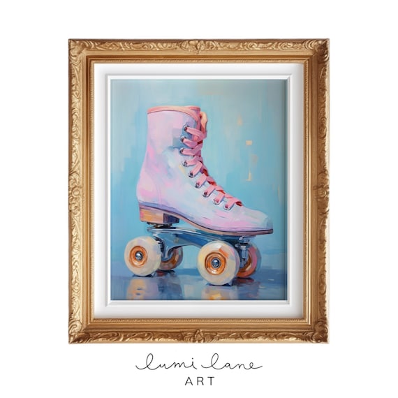 Roller Skate Art Instant Wall Original Fun Bright Textured Oil Painting Play Magical Print Dreamland Blue Pink