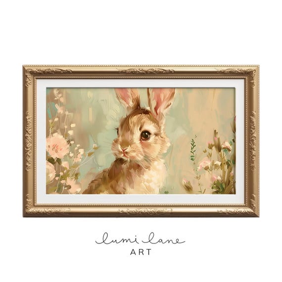 Honey Bunny Art Pretty Oil Painting Texture Easter In Spring Flowers Cute Rabbit Print Frame Tv Neutral