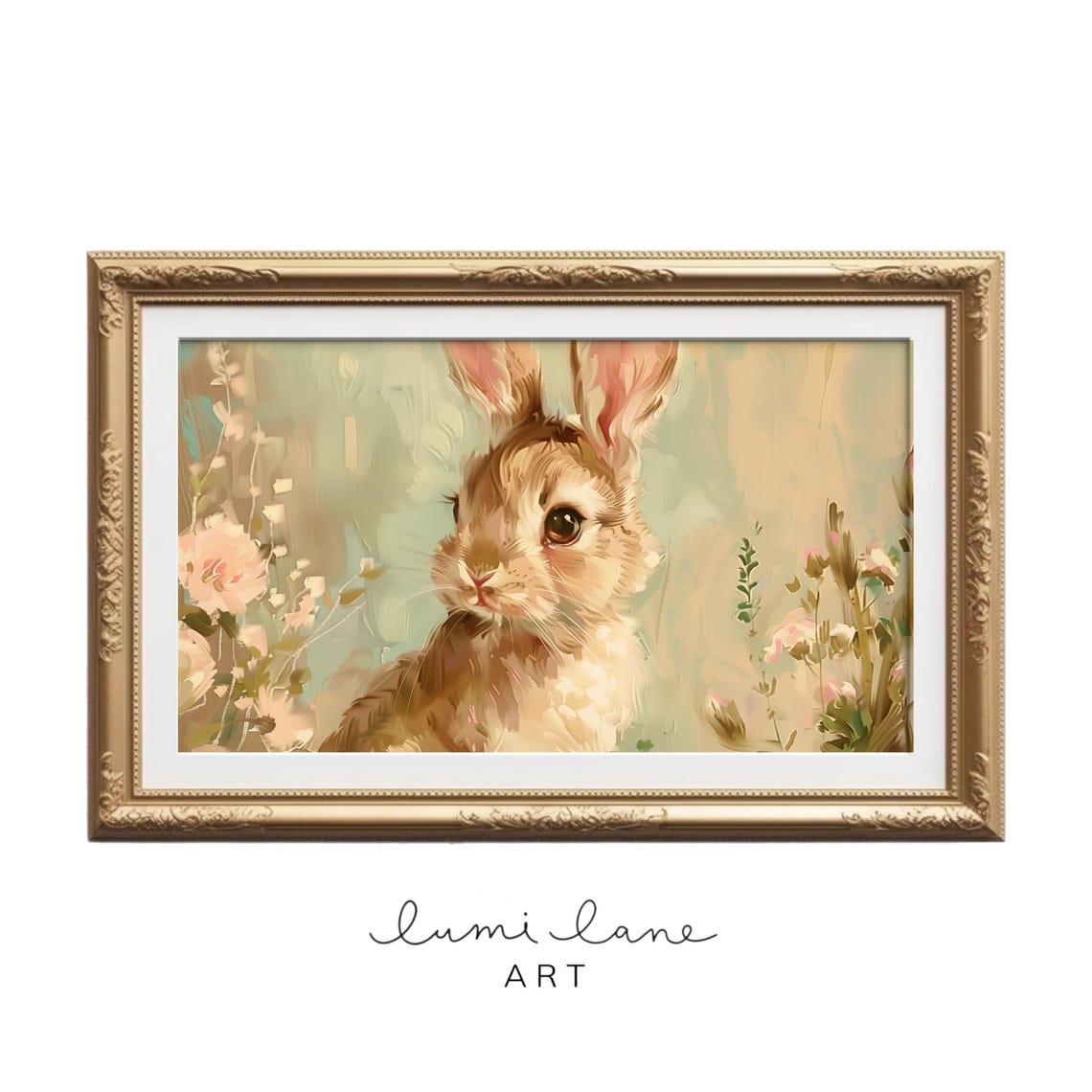 Honey Bunny Art Pretty Oil Painting Texture Easter In Spring Flowers Cute Rabbit Print Frame Tv Neutral
