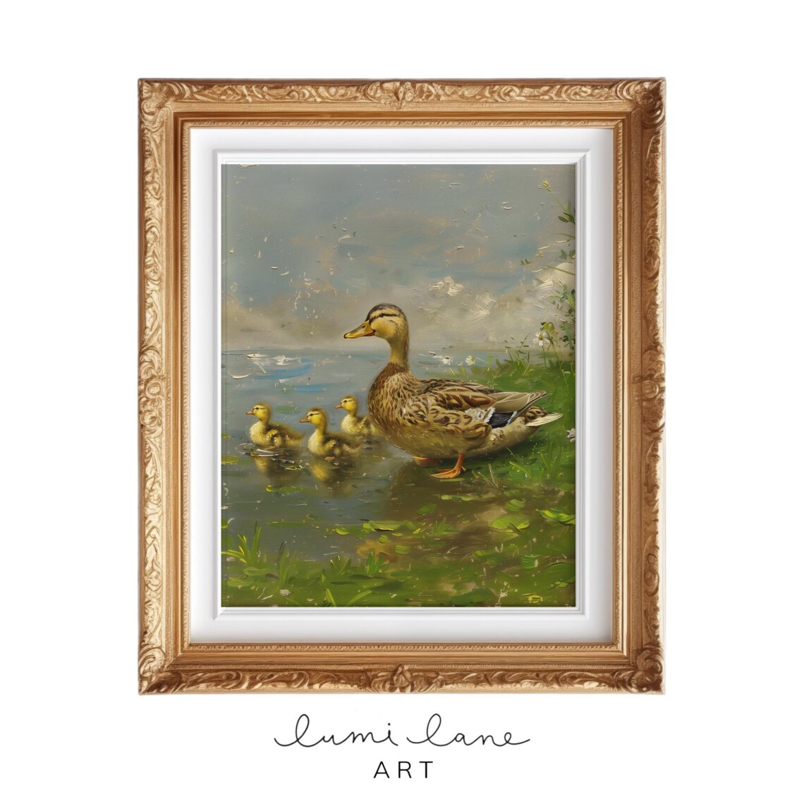 Mother Duck With Ducklings Pond Vintage Style Painting Art Poster
