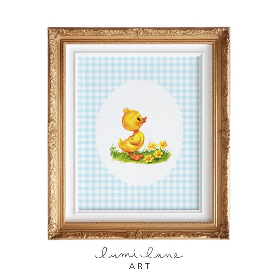 Gingham Duck Art Blue Pink Yellow And Green Nursery Wall Cute Vintage Style Adorable Kitsch Duckling Print