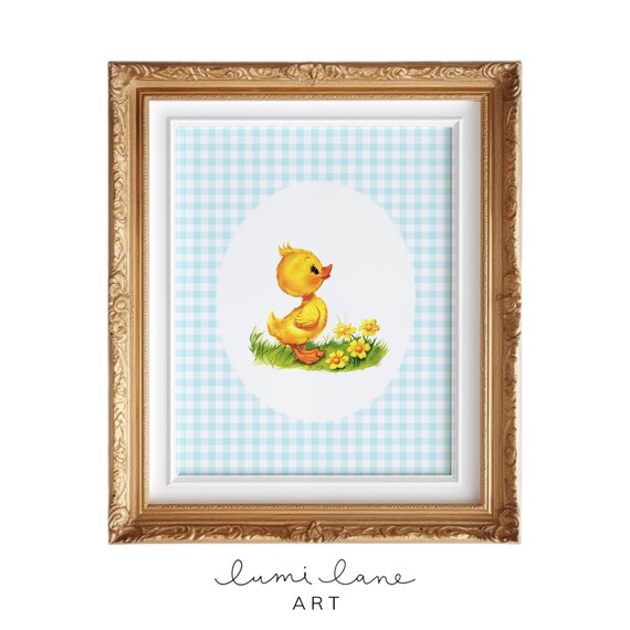 Yellow Duckling with Flowers Blue Gingham Nursery Art Poster
