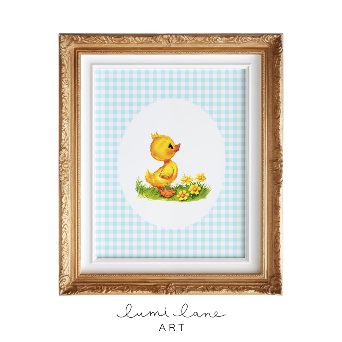 Yellow Duckling with Flowers Blue Gingham Nursery Art Poster
