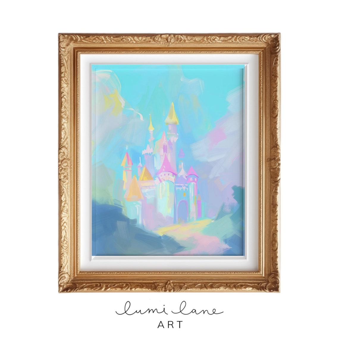 Pastel Castle Art Instant Textured Painting Print Square Magical Fairy Tale Kids Wall Enchanting Imagination