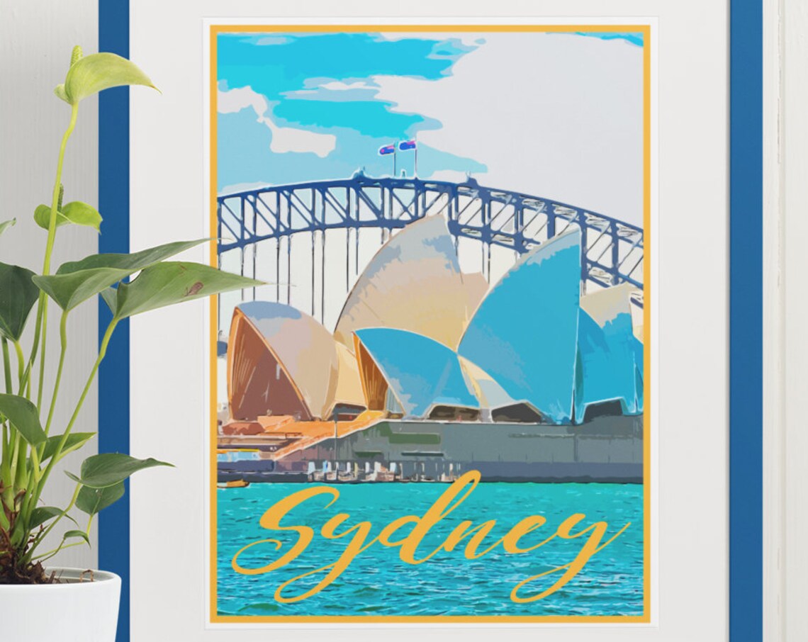 Sydney Opera House Harbour Bridge Australia Vintage Travel Poster