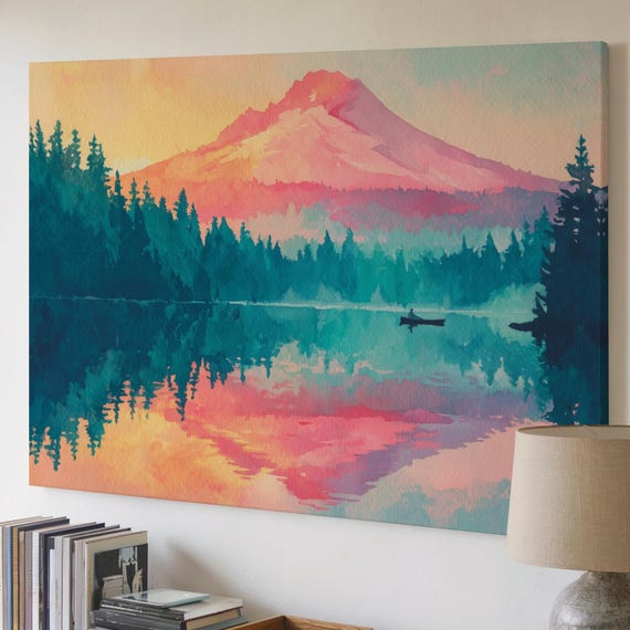 Mount Hood Oregon Watercolor Landscape Sunrise Over Trillium Lake With Mist Canoe Mountain Reflection Calming Pacific Northwest Art