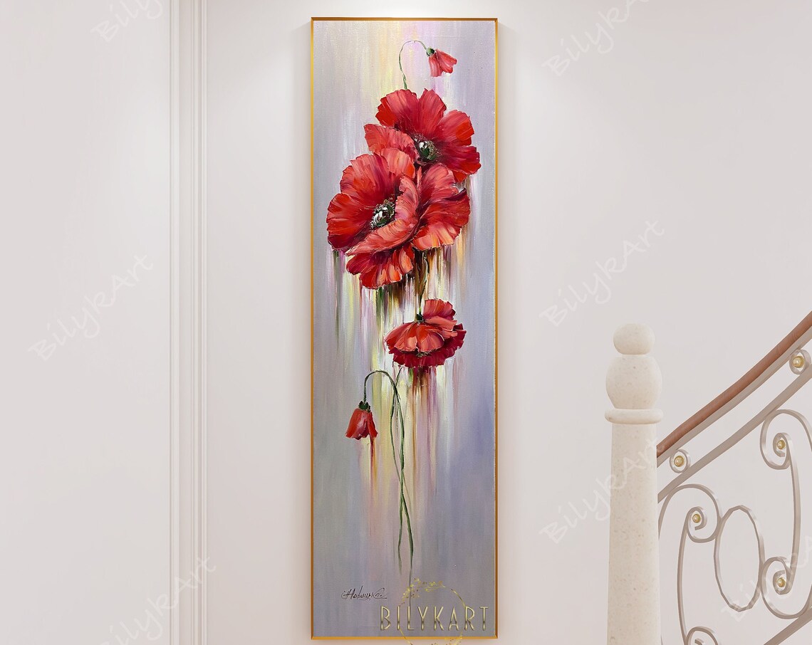 Long Narrow Wall Art Large Poppy Flowers Oil Painting Tall Wall Art Red Flowers Painting Long Painting Vertical Narrow Kitchen Wall Decor - Image 2