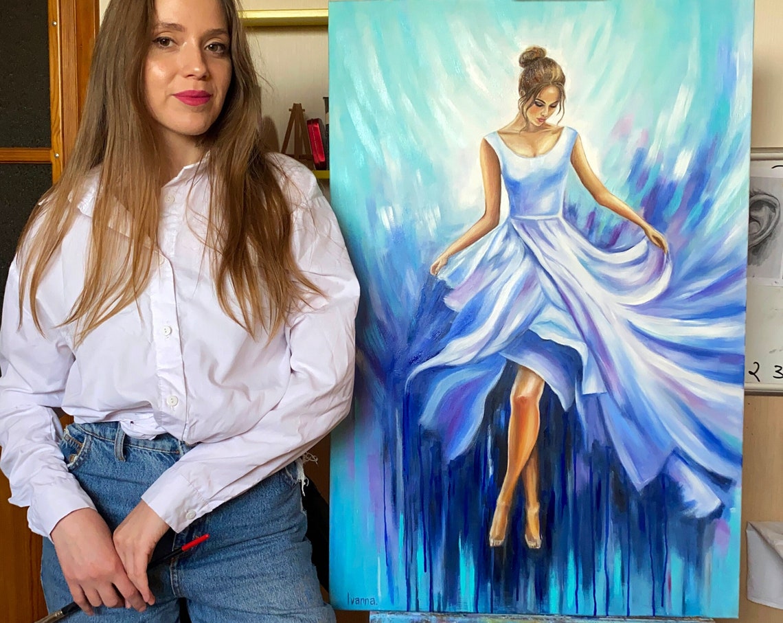 Abstract Woman Painting On Girl Modern Wall Art Woman In Blue Dress Oil Painting Original Female Art Dark Teal Blue Elegant Painting - Image 3
