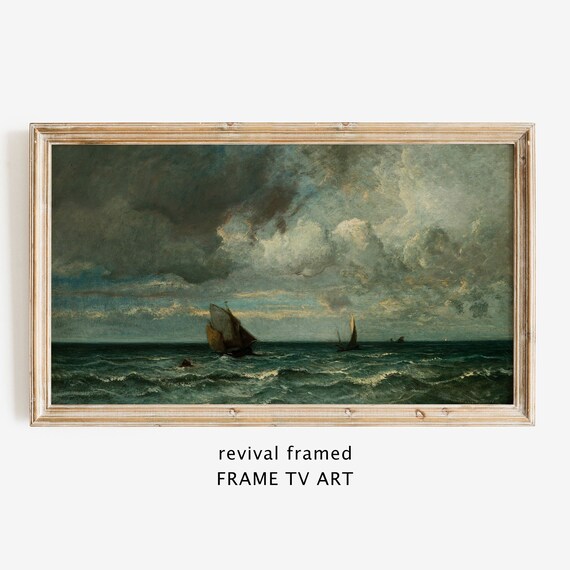 Stormy Sea Sailboats Dramatic Clouds Vintage Moody Seascape Painting Poster