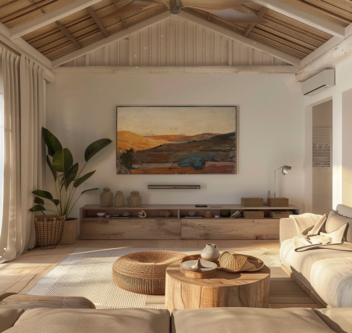 Warm Ochre Rolling Hills Landscape Oil Painting at Dusk Autumn Poster - Image 3