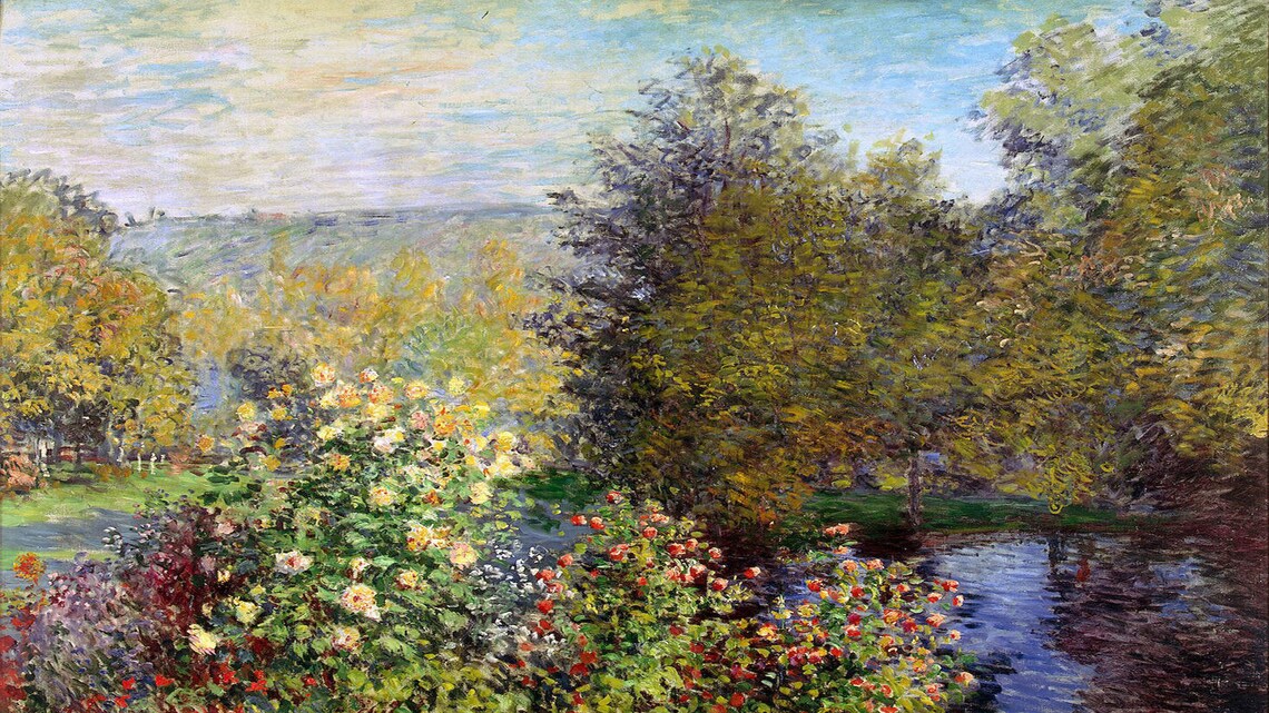 Impressionist Summer Garden Painting Flowering Bushes by a Pond Poster - Image 2