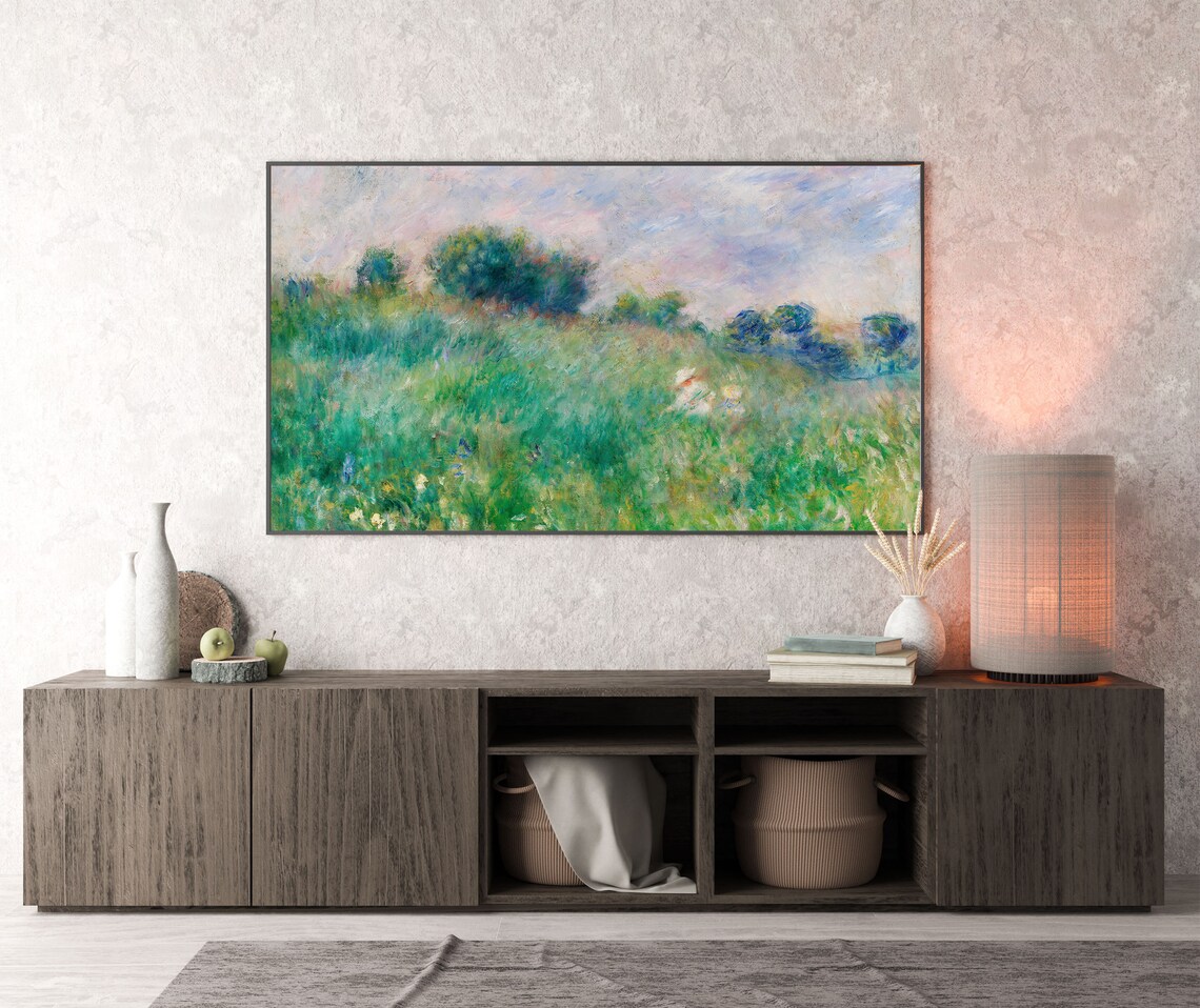 Green Impressionist Spring Meadow Wildflower Field Vintage Style Wall Art - Image 2