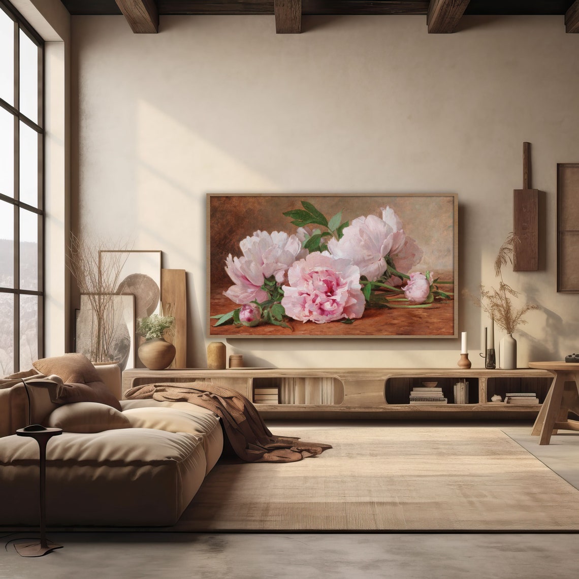 Frame Tv Art Floral Vintage Oil Painting Pink Peonies Frame Tv Art Tv Art Antique Still Life Large Gallery Wall Art - Image 3