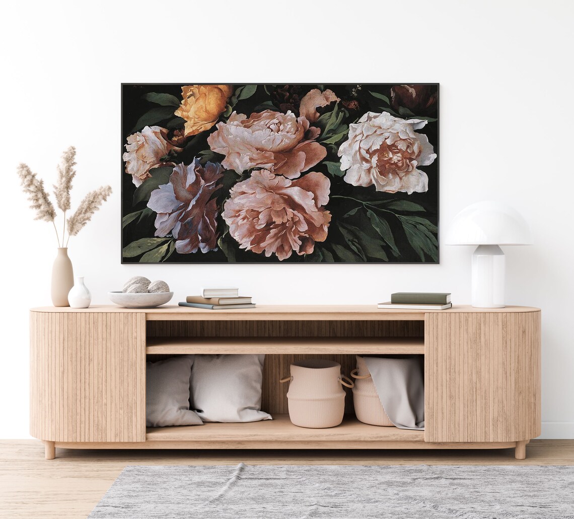 Moody Dark Peonies Lush Pink Blooms Vintage Floral Oil Painting Style Wall Art - Image 3