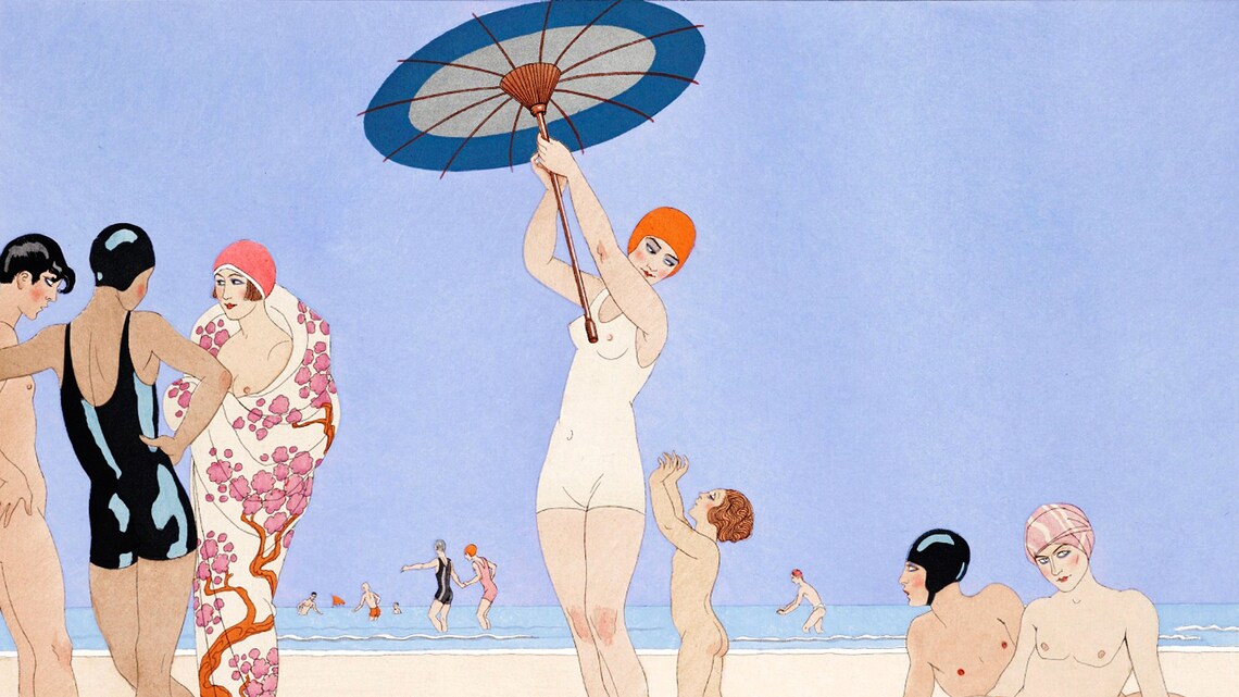 1920s Art Deco Beach Parasol Bathing Beauties Vintage Illustration Poster - Image 2