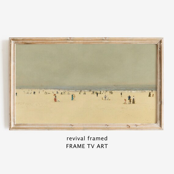 Minimal Wide Beach Scene Tiny Figures Pale Sand Calm Ocean Vintage Wall Art
